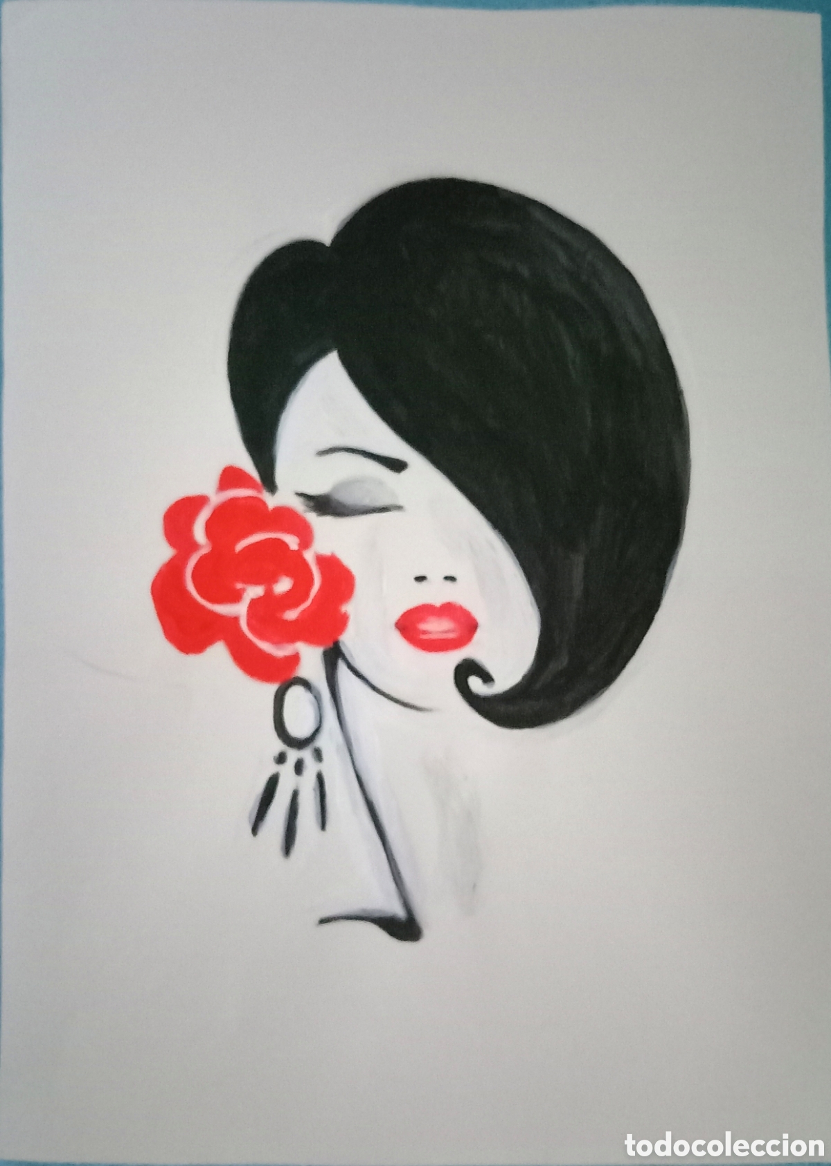 Arte: Original pintura mujer con flor trazos (1) (t&eacute;cnica mixta) acuarela y acr&iacute;lico sobre papel 34cm x 22