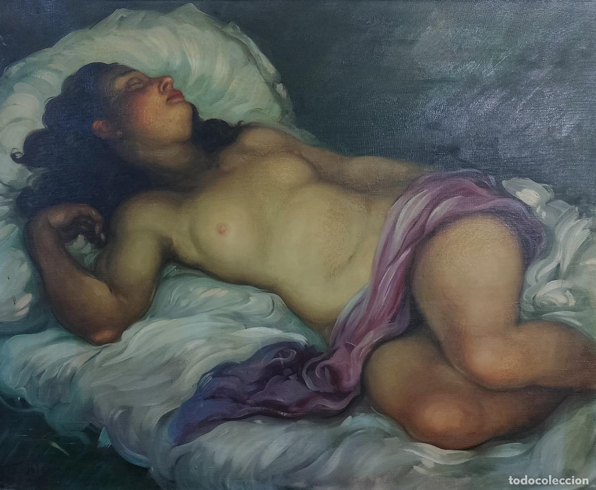 Arte: DESNUDO FEMENINO ACOSTADO. FIRMA ILEGIBLE. &Oacute;LEO SOBRE LIENZO. ESPA&Ntilde;A. SIGLOS XIX-XX.