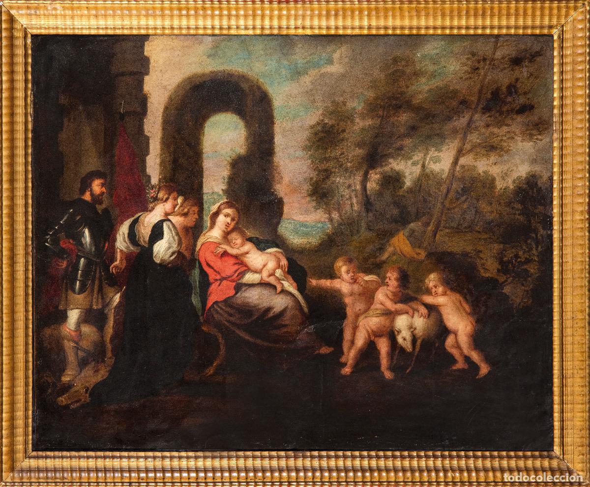 Art: Descanso en la huida a Egipto &oacute;leo sobre cobre copia de Rubens escuela flamenca del siglo XVII