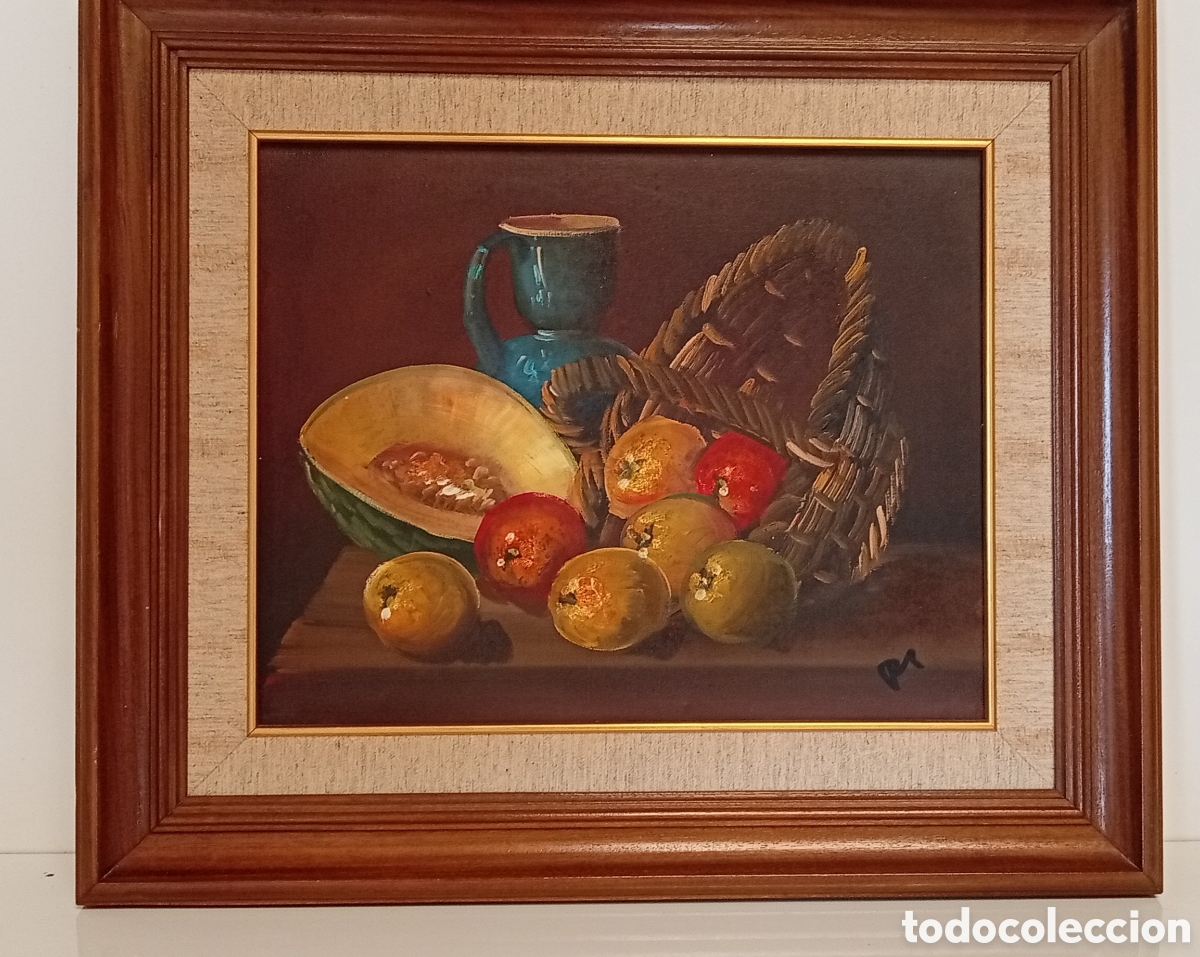 Arte: CUADRO EN OLEO SOBRE LIENZO CESTA VOLCADA DE FRUTA