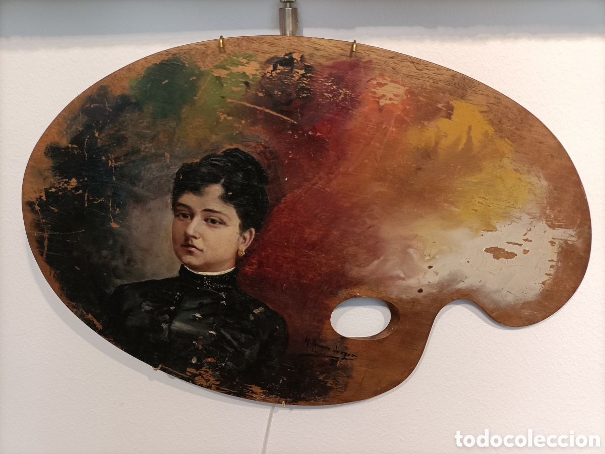 Arte: Retrato al &oacute;leo sobre paleta de pintor, firmado Romero Orozco, 1867-1920.