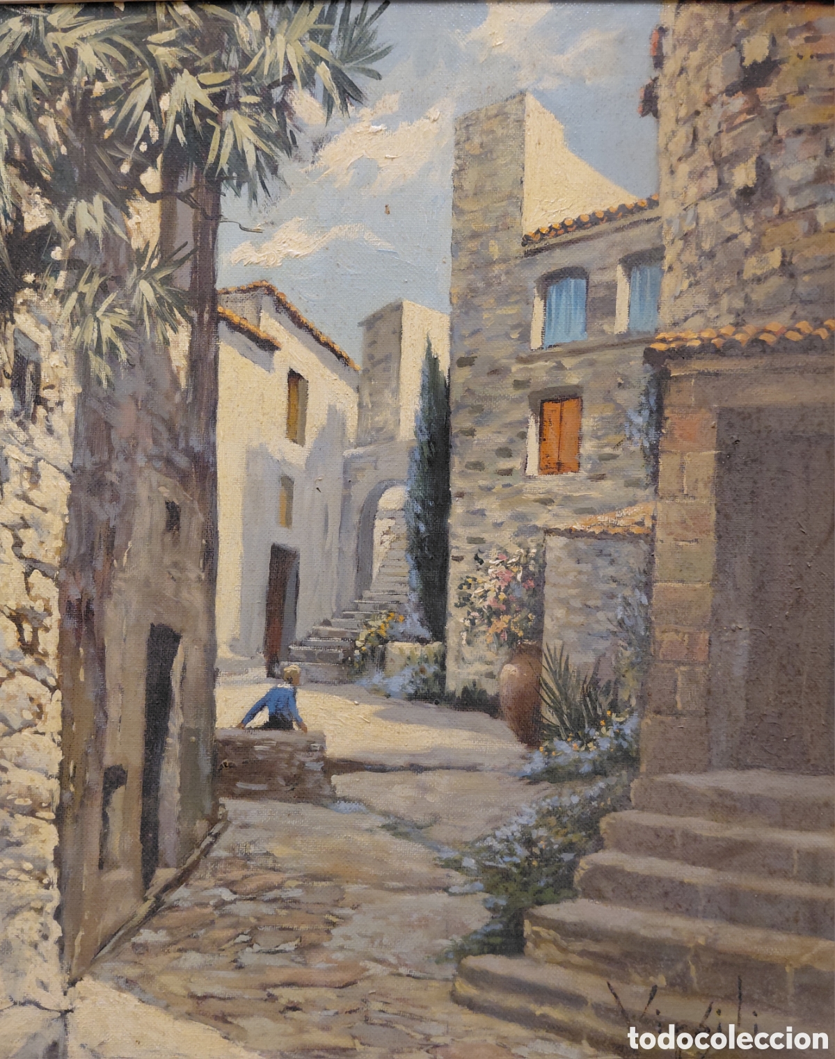 Arte: Firmado Virgili (s. XX). Calle de pueblo, &oacute;leo sobre lienzo.