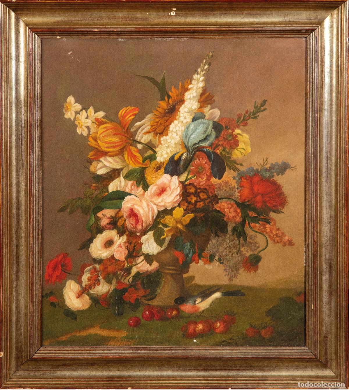 Arte: Bodeg&oacute;n de flores en jarr&oacute;n &oacute;leo sobre lienzo escuela espa&ntilde;ola del siglo XVIII