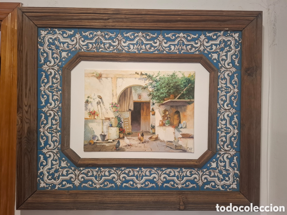 Arte: Bonito oleo de un patio con gallinitas enmarcado muy curioso 85x72