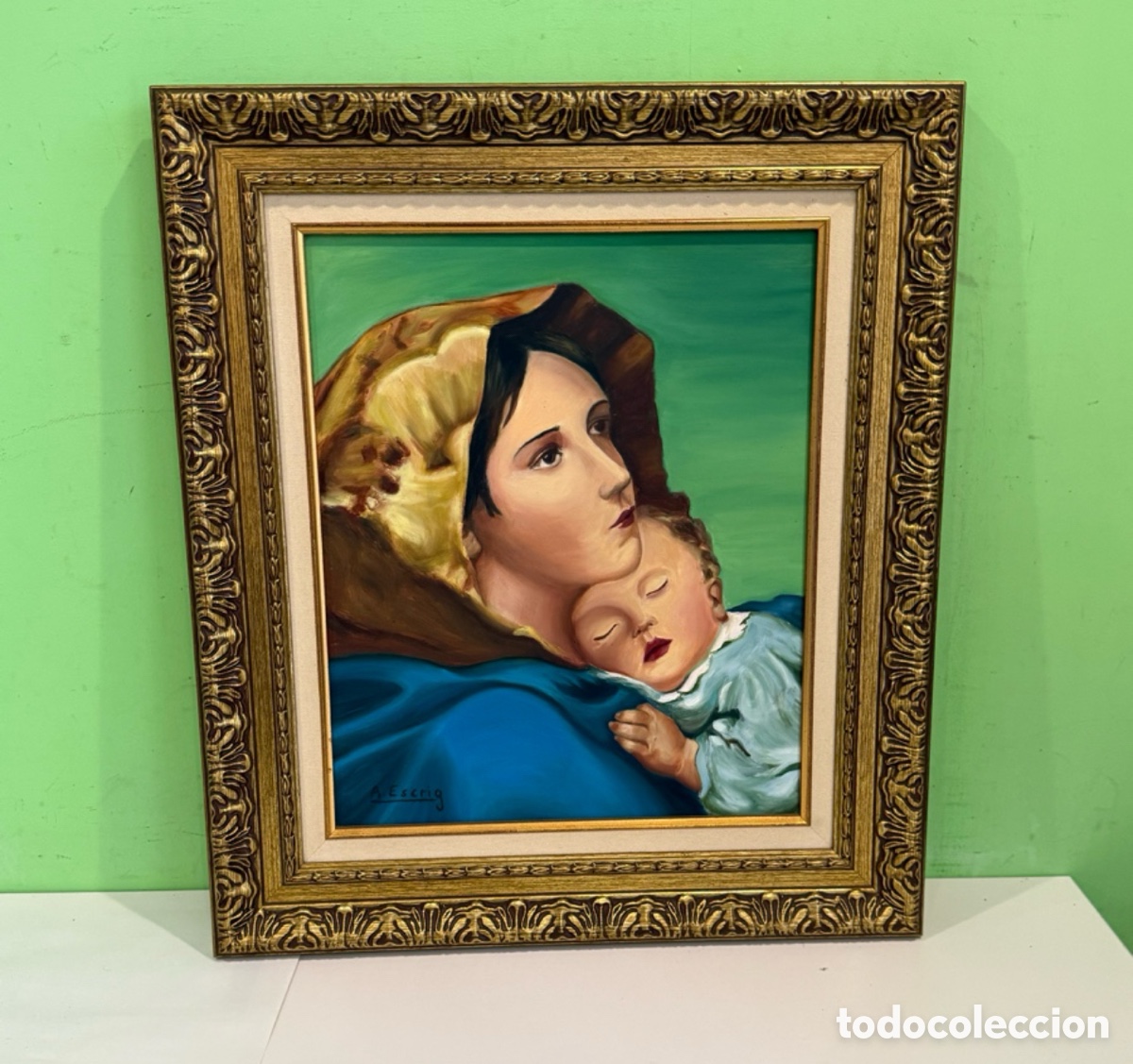 Arte: A.Escrig &ndash; &Oacute;leo sobre lienzo &ldquo;Virgen con el Ni&ntilde;o Jes&uacute;s&rdquo; copia de Roberto Ferruzzi, firmado y fechado