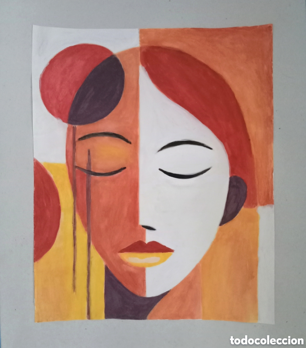 Arte: Original pintura cara abstracta (29) (t&eacute;cnica mixta) acuarela y acr&iacute;lico sobre papel cart&oacute;n doble 35