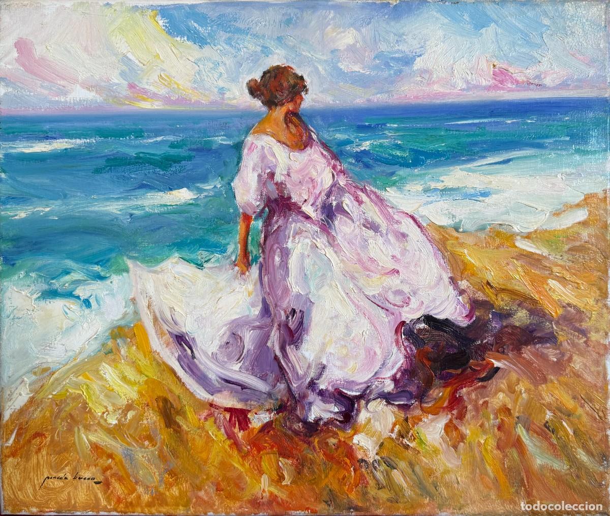 Arte: Pineda Bueno &ndash; Verano, mujer junto al mar, &oacute;leo sobre lienzo