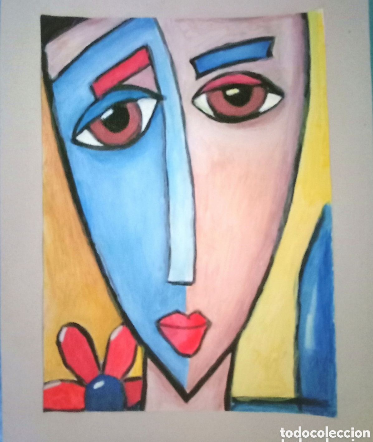 Arte: Original pintura cara abstracta (30) (t&eacute;cnica mixta) acuarela y acr&iacute;lico sobre papel cart&oacute;n doble 35