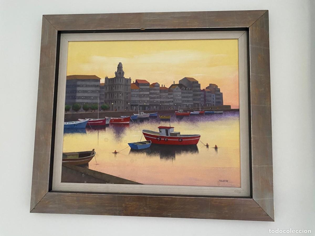 Arte: Eduardo Malvehy - &Oacute;leo original sobre lienzo - Marina - Puerto de La Coru&ntilde;a - Enmarcado