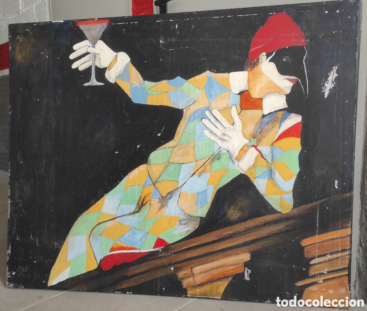 Arte: Cuadro &oacute;leo sobre lienzo Payaso Arlequ&iacute;n veneciano. Necesita restauraci&oacute;n