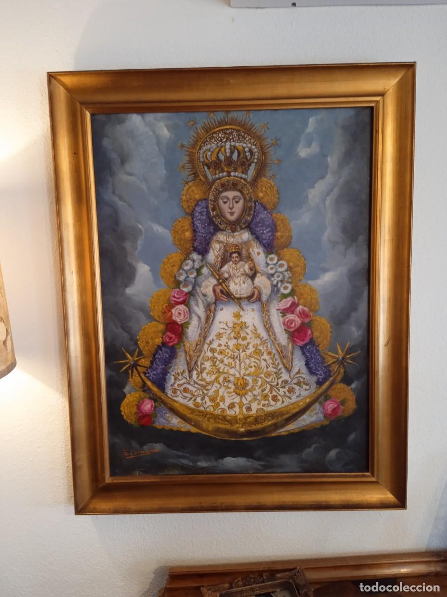 Arte: Cuadro antiguo con Imagen de la Virgen del Roci&oacute; pintada en &oacute;leo