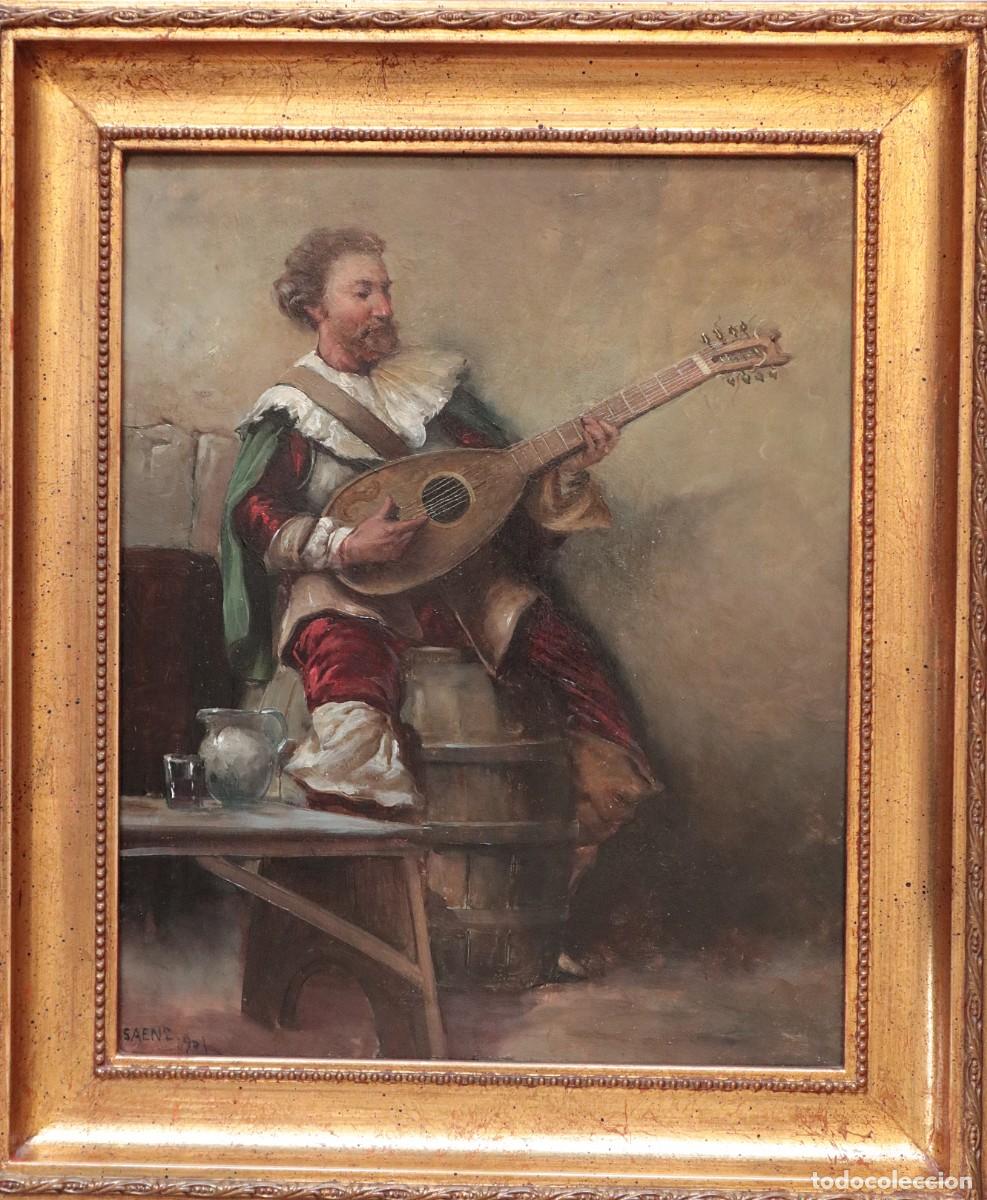 Arte: Personaje renacentista tocando la guitarra. &Oacute;leo sobre tabla.