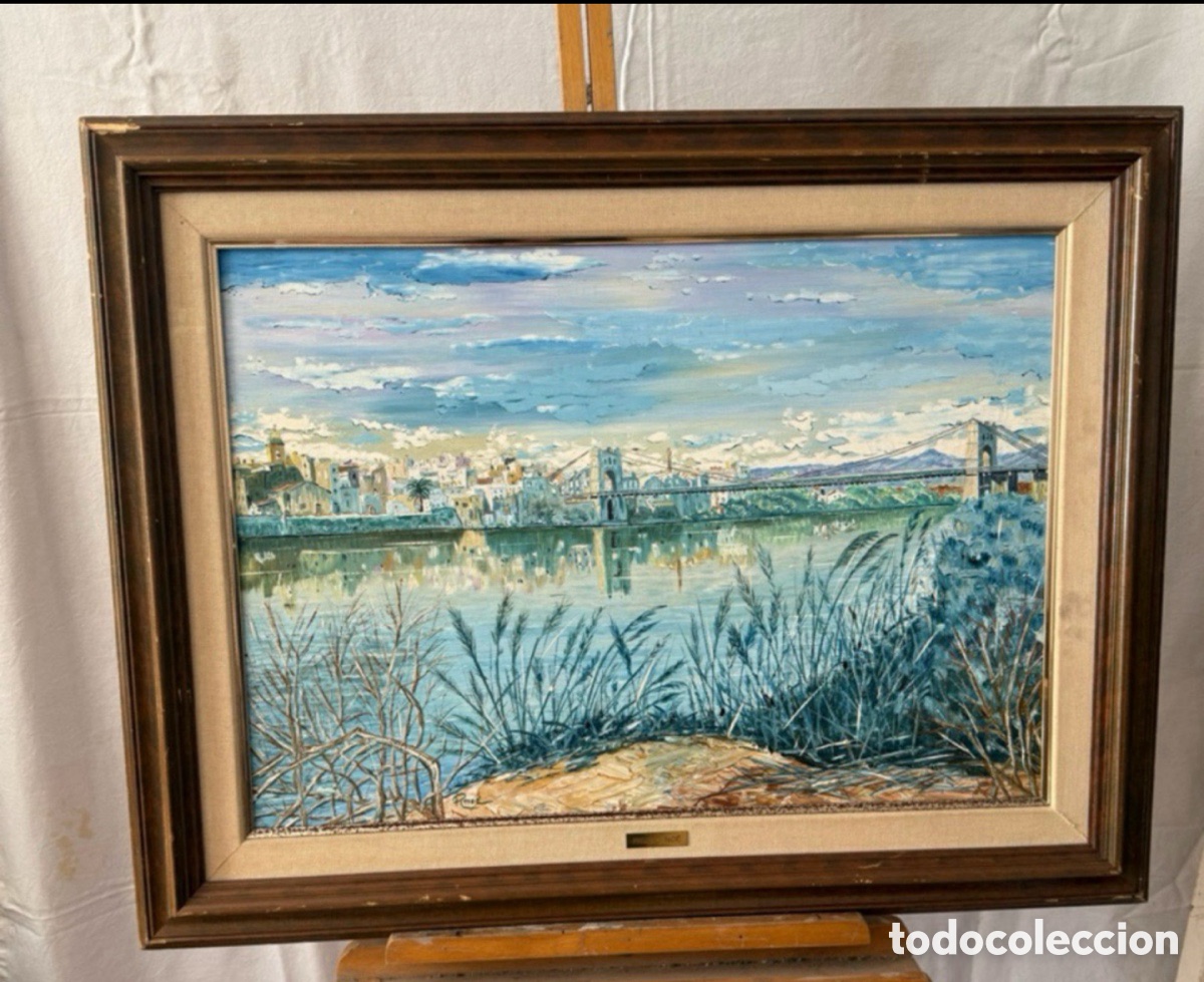 Arte: Ricard No&eacute; &oacute;leo sobre lienzo paisaje urbano r&iacute;o y puente obra firmada y enmarcada