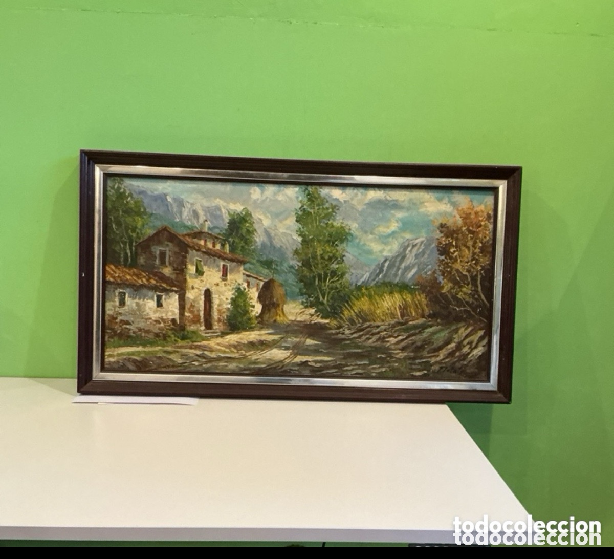 Arte: &Oacute;leo sobre lienzo paisaje de monta&ntilde;a con mas&iacute;a, firmado Flotats, enmarcado, 110 x 60 cm