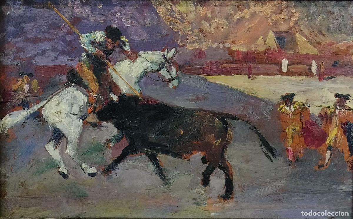 Arte: ESCENA TAURINA O CAPEA. JOAQUIM TERRUELLA (?). &Oacute;LEO SOBRE TABLA. ESPA&Ntilde;A. SIGLO XX.