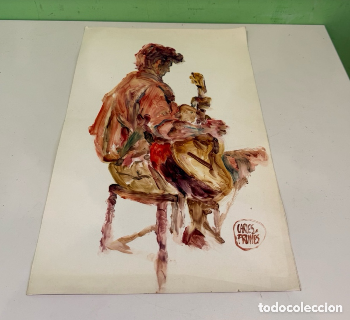 Arte: Carles Prun&eacute;s (1937-2017) &ndash; Acuarela original sobre papel, guitarrista firmado