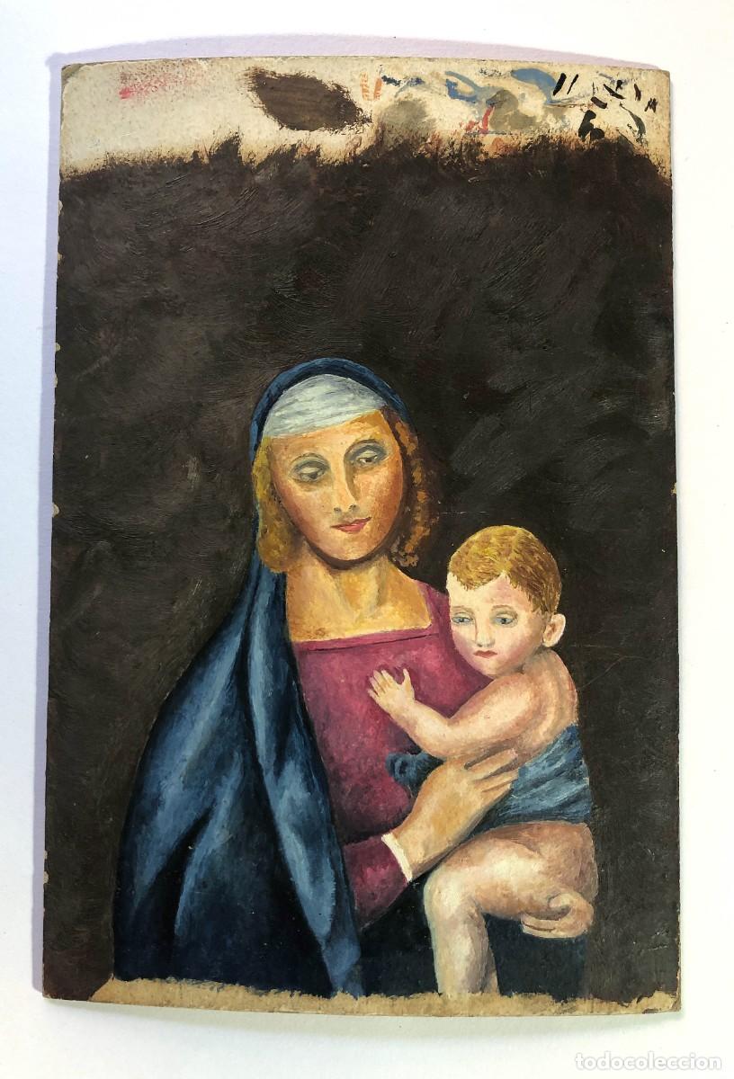 Arte: RETRATO VIRGEN CON NI&Ntilde;O ( OLEO ) SOBRE CART&Oacute;N DURO / CARTEL GOMINA AMERICANA SKI / A&Ntilde;OS 50