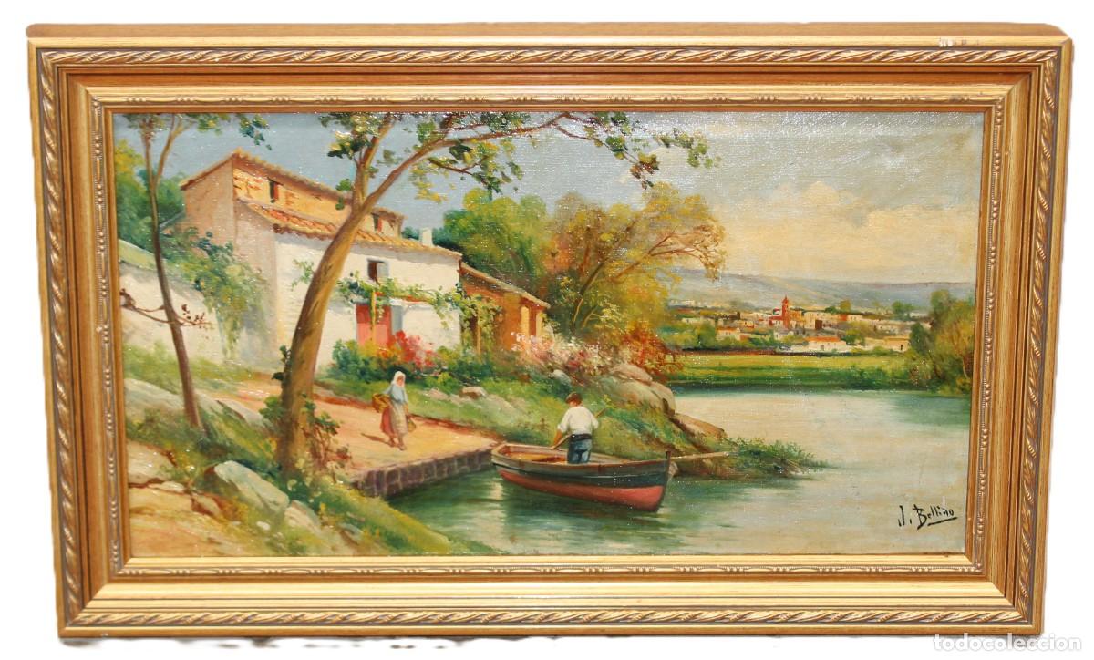 Arte: ESCUELA ESPA&Ntilde;OLA (PRINCIPIOS SIGLO XX) OLEO SOBRE TELA FIRMADO POR J. BELLIDO. TARDE JUNTO AL RIO