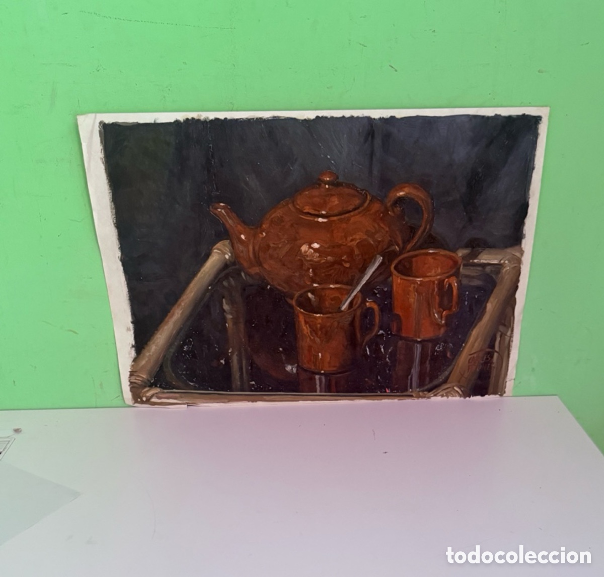 Arte: Carles Prun&eacute;s (1937-2017) &ndash; Bodeg&oacute;n con tetera y tazas, &oacute;leo sobre papel (50 &times; 35 cm)
