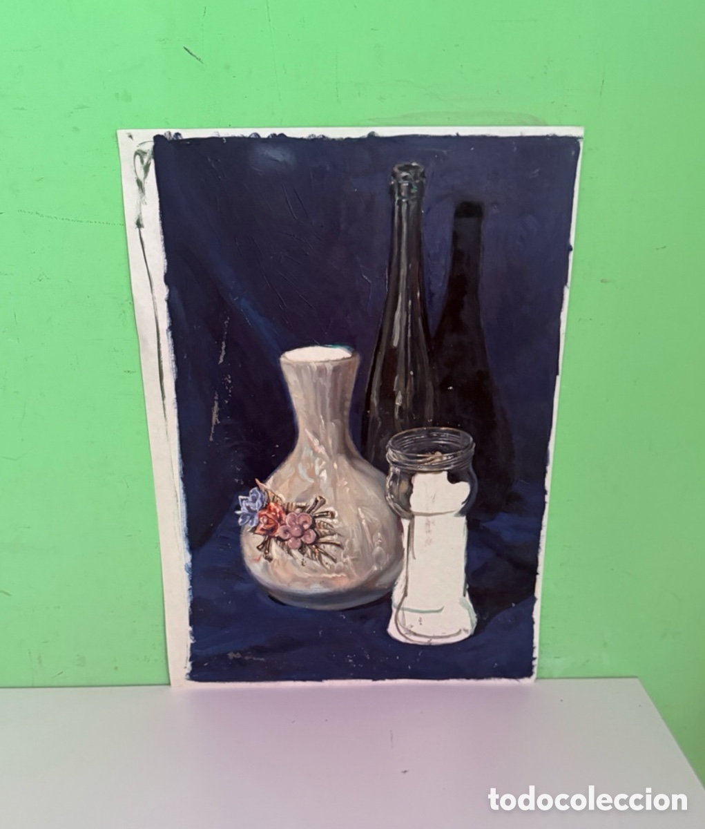 Arte: Carles Prun&eacute;s (1937-2017) &ndash; &Oacute;leo sobre papel, bodeg&oacute;n con jarr&oacute;n y botellas