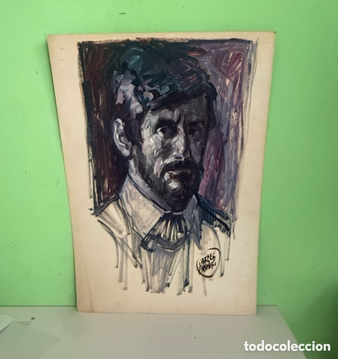 Arte: Carles Prun&eacute;s (1937-2017) &ndash; Retrato masculino, pintura sobre cart&oacute;n firmada (70 x 50 cm)