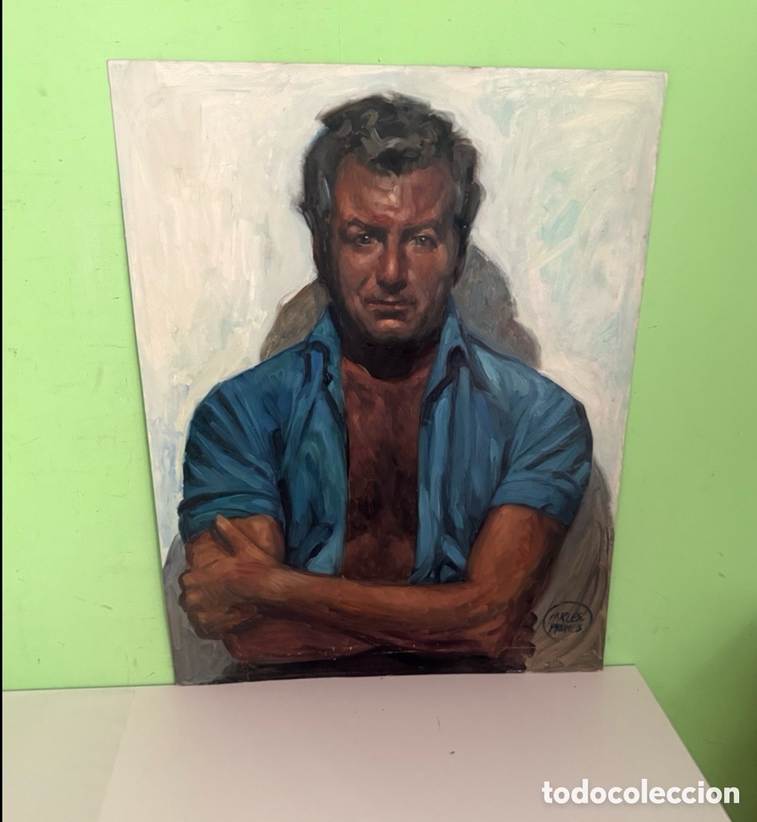 Arte: Carles Prun&eacute;s (1937-2017) &ndash; Retrato masculino, pintura sobre tablex de cart&oacute;n firmada (65 x 50 cm)