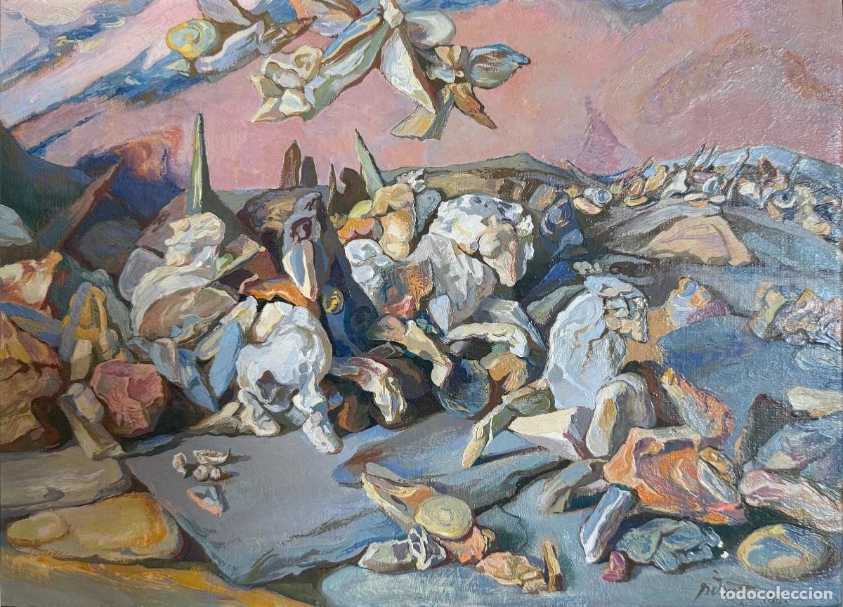 Arte: Antoni Pitxot, composici&oacute;n surrealista de figuras p&eacute;treas, &oacute;leo sobre lienzo, 1986
