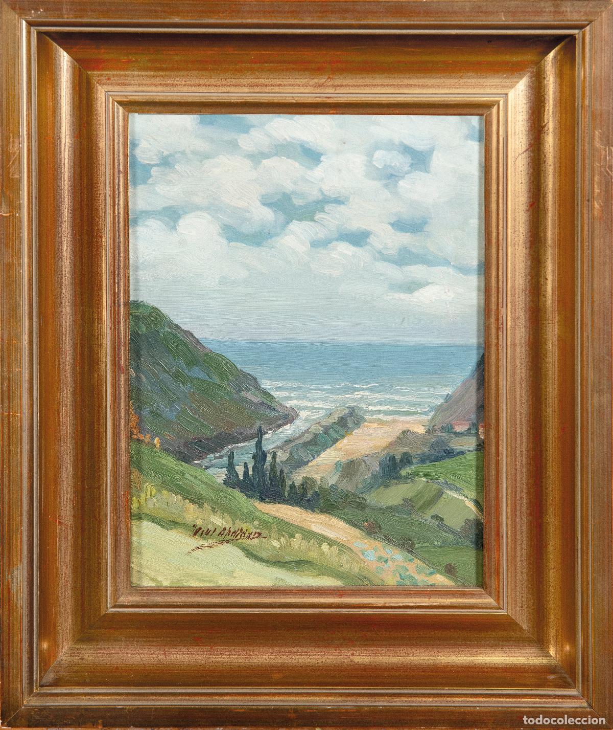 Arte: Paisaje con mar &oacute;leo sobre tablex Jes&uacute;s Apellaniz L&oacute;pez mediados del siglo XX