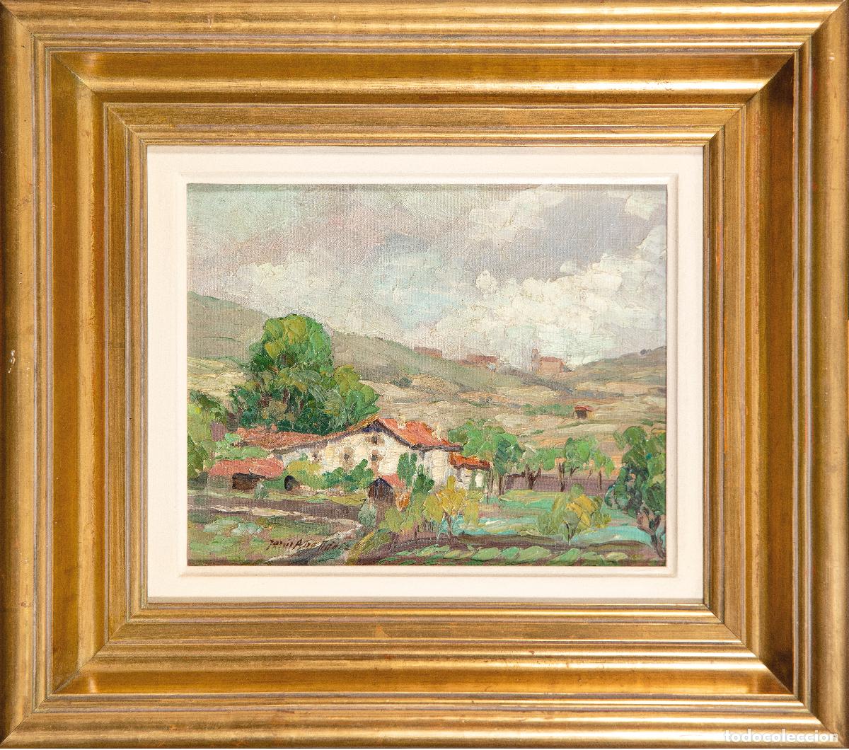 Arte: Paisaje con casas &oacute;leo sobre lienzo adherido a tabla Jes&uacute;s Apellaniz L&oacute;pez mediados del siglo XX