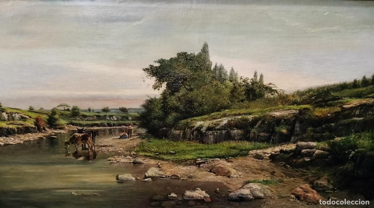 Arte: PAISAJE FLUVIAL CON VACAS. AN&Oacute;NIMO DE ESCUELA CATALANA. &Oacute;LEO SOBRE LIENZO. ESPA&Ntilde;A. SIGLO XIX.