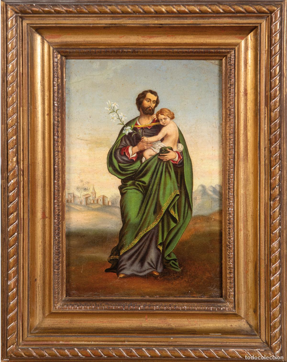 Arte: San Jos&eacute; con el ni&ntilde;o &oacute;leo sobre lienzo escuela colonial del siglo XVIII