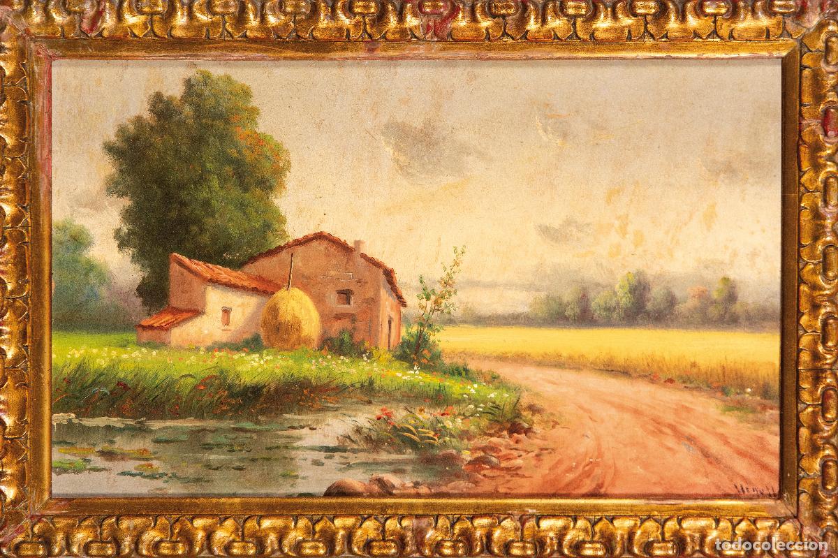 Arte: Paisaje con mas&iacute;a &oacute;leo sobre cart&oacute;n F&eacute;lix Urgell&eacute;s de Tovar escuela catalana principios del siglo XX