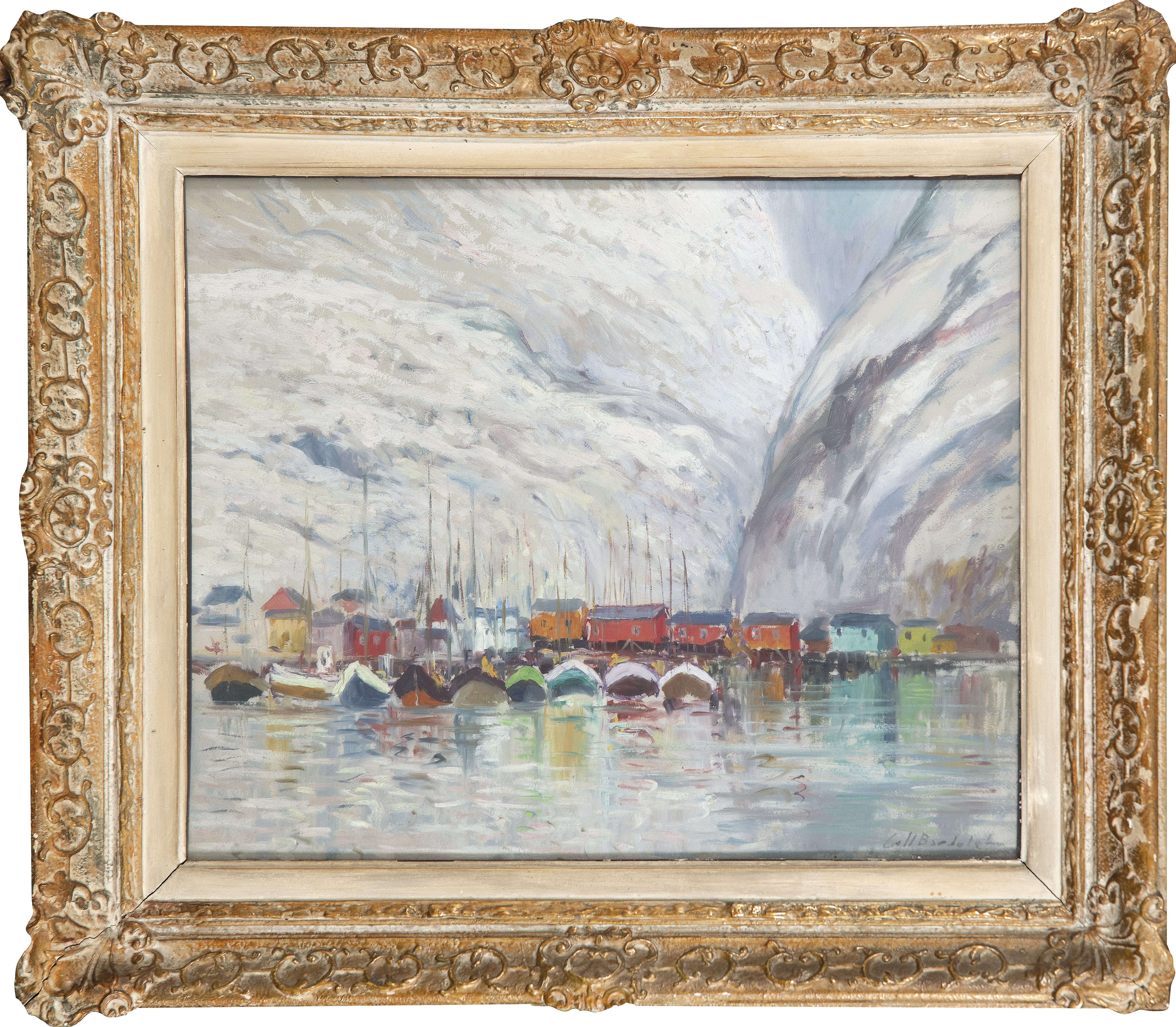 Arte: Vista de puerto costero &oacute;leo sobre tablex Josep Coll i Bardolet siglo XX