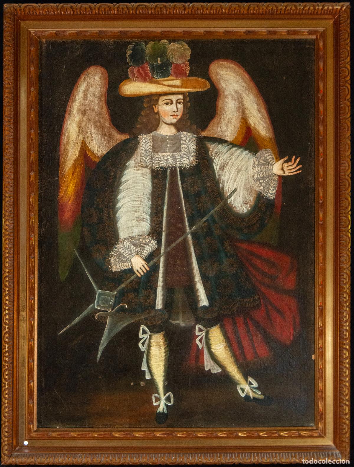 Arte: Arc&aacute;ngel con Alabarda Escuela Cuzque&ntilde;a Per&uacute; Siglo XVIII &Oacute;leo Colonial