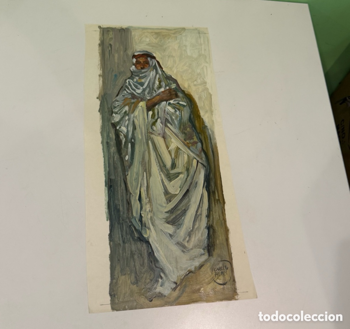Arte: Carles Prun&eacute;s (1937-2017) &Oacute;leo sobre papel &ndash; Figura oriental firmada (48 &times; 24 cm)