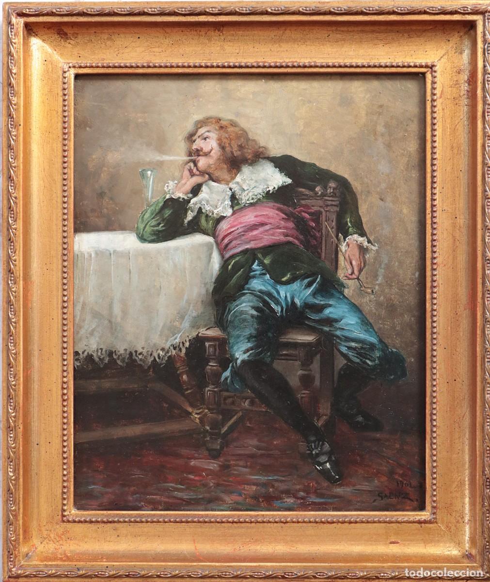 Arte: Personaje renacentista. Escena de taberna. &Oacute;leo sobre tabla. Firmado y fechado en 1902.