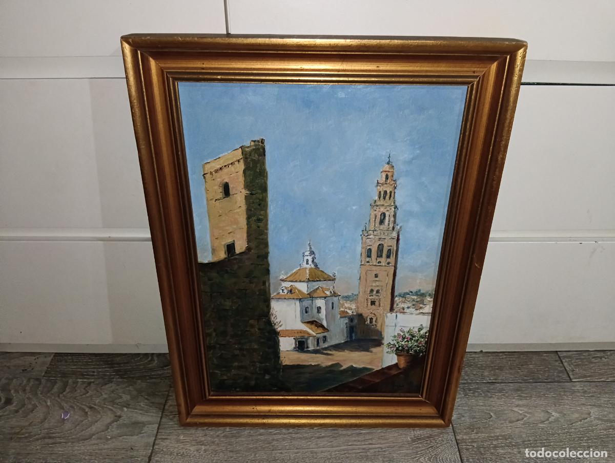 Arte: Cuadro &Oacute;leo sobre tabla Paisaje urbano costumbrista. Firmado Juan P Enmarcado 41x56