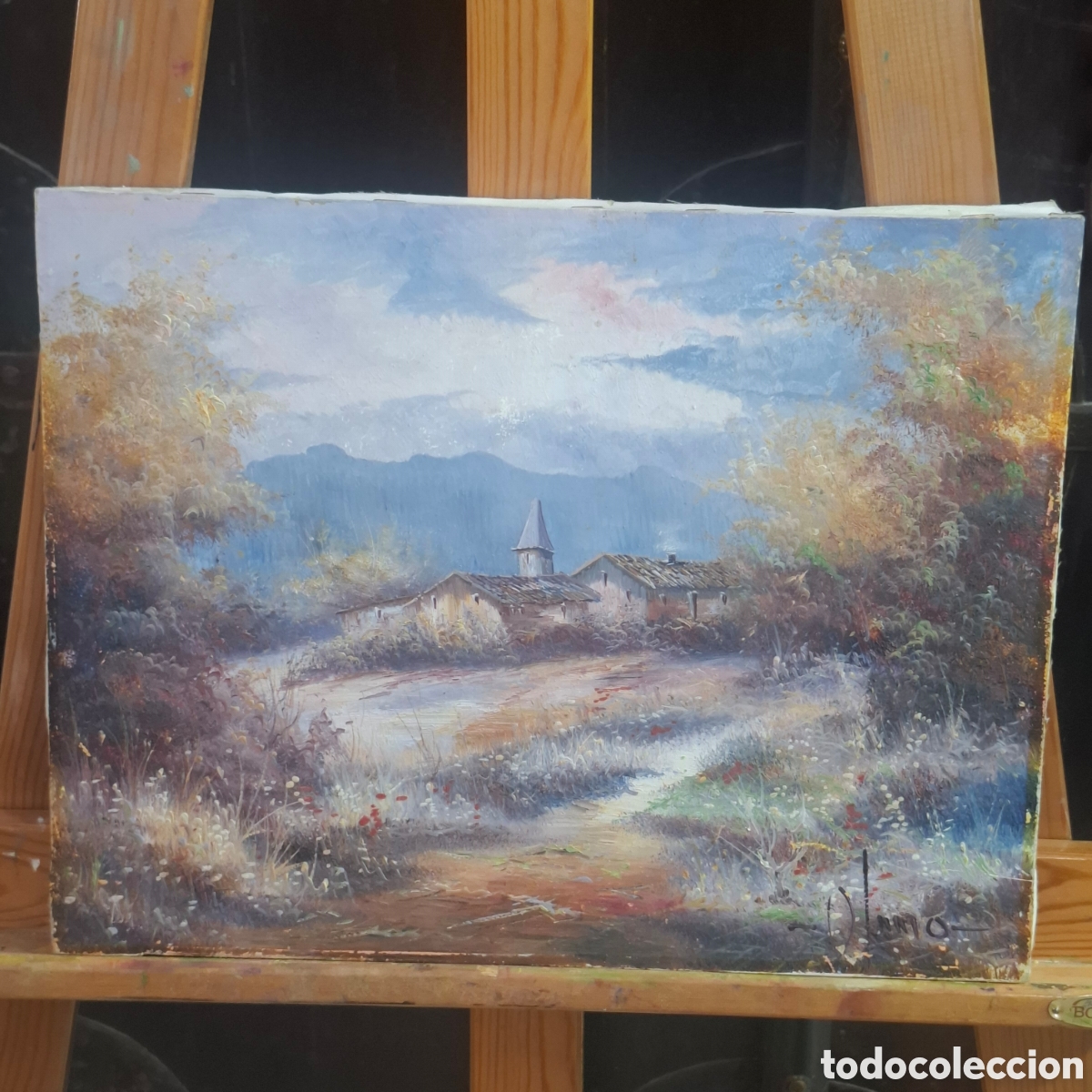 Arte: OLEO SOBRE LIENZO PEQUE&Ntilde;O FORMATO 35X27. BOSQUE CON CASAS. ESTILO IMPRESIONISTA. Firmado