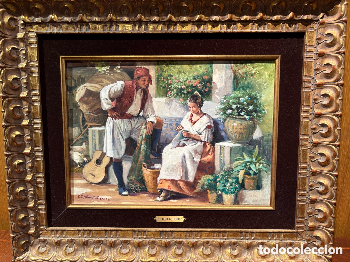 Arte: Pareja de &oacute;leos originales de Emilio Frejo Guti&eacute;rrez. Escenas costumbristas espa&ntilde;olas.