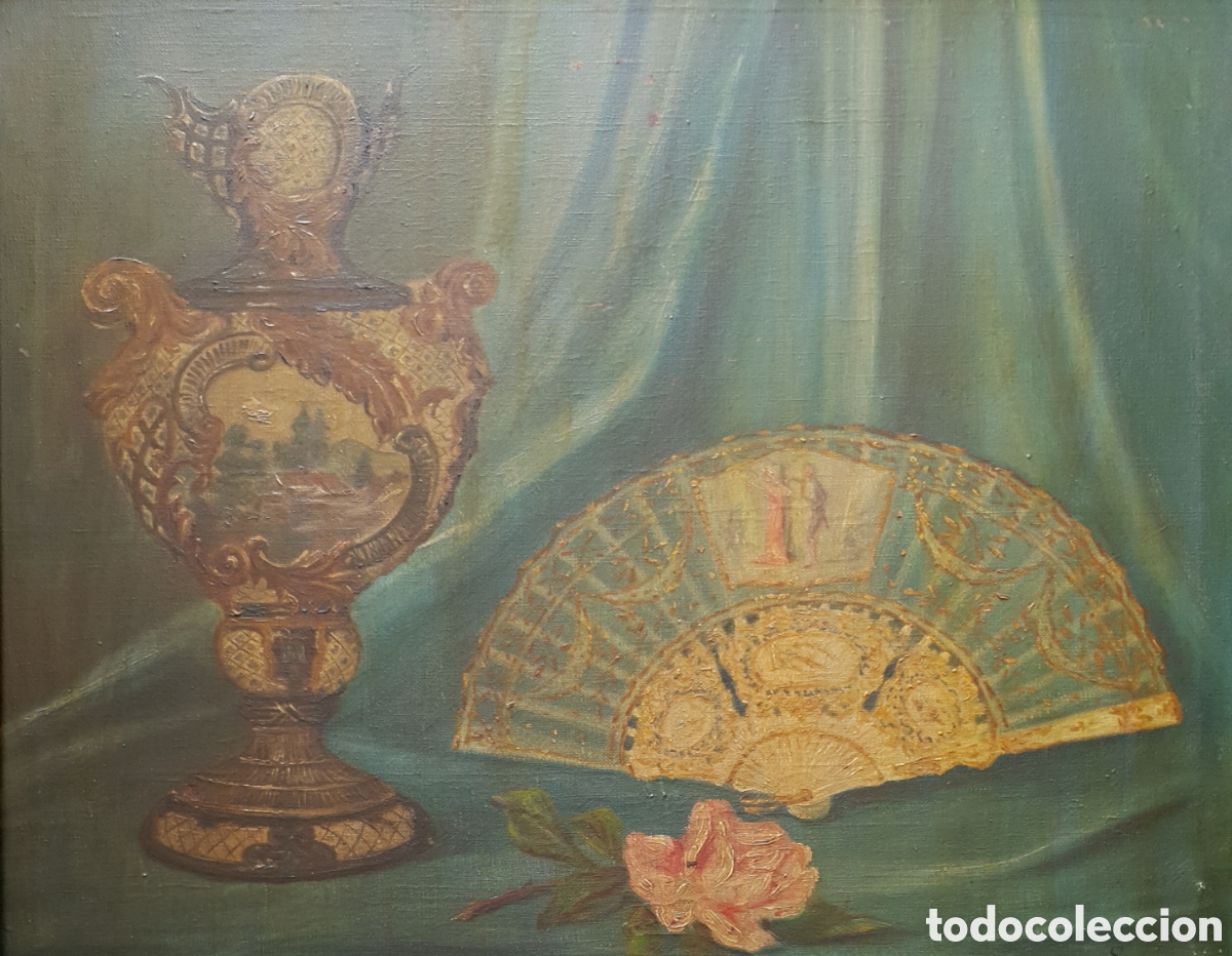 Arte: Composici&oacute;n Rom&aacute;ntica con Porcelana de S&egrave;vres y Abanico Pintado a Mano - Firmado Etienne S.