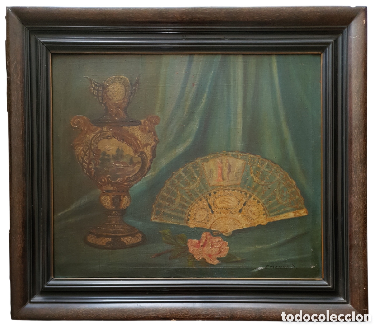 Arte: Composici&oacute;n Rom&aacute;ntica con Porcelana de S&egrave;vres y Abanico Pintado a Mano - Firmado Etienne S.