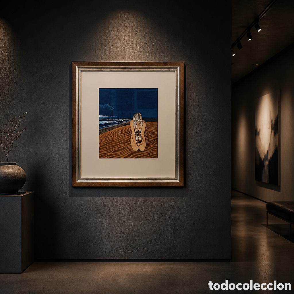 Arte: WOLF-DIETER K&Ouml;PFER. ALEMANIA. TEMPERA SOBRE PAPEL. TITULO &rdquo; EN LA PLAYA II &rdquo;.OBRA 39&times;34 .MARCO 68&times;63