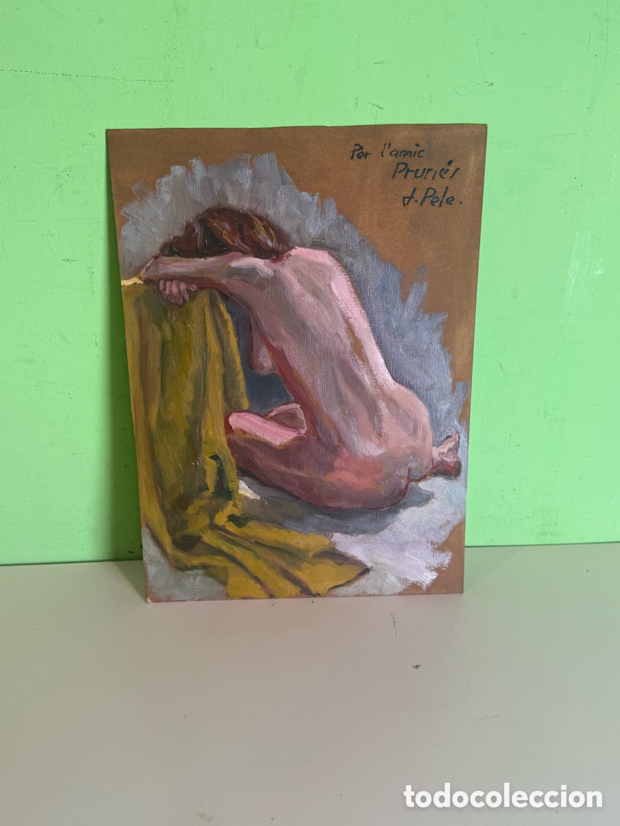 Arte: &Oacute;leo sobre t&aacute;blex, desnudo femenino, dedicado a Carles Prun&eacute;s, firma a identificar