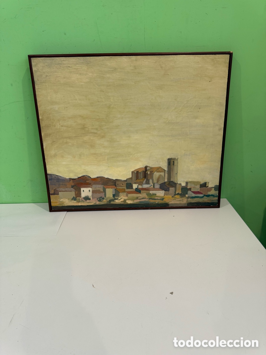 Arte: &Oacute;leo sobre lienzo &ndash; Paisaje urbano con iglesia y campanario &ndash; Firma a identificar (67 &times; 55 cm)