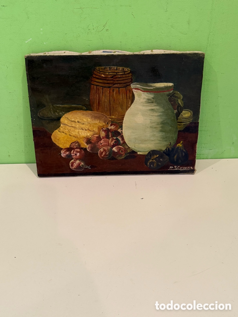 Arte: &Oacute;leo sobre lienzo &ndash; Bodeg&oacute;n con higos, uvas, queso y jarra &ndash; Firma a identificar