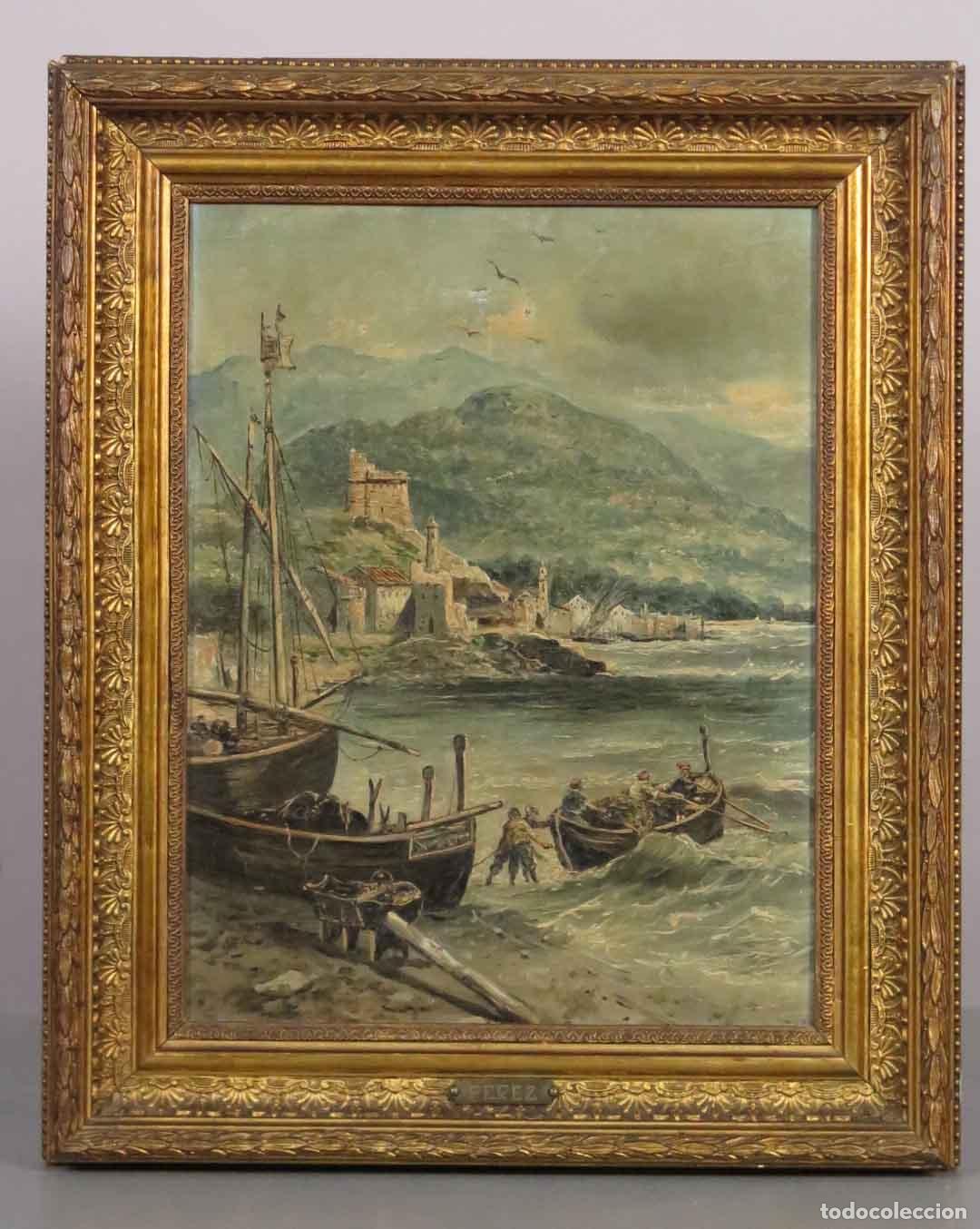 Arte: VISTA PUERTO. PESCADORES CON BARRETINA. OLEO S/ LIENZO. ESCUELA ESPA&Ntilde;OLA. SIGLO XIX