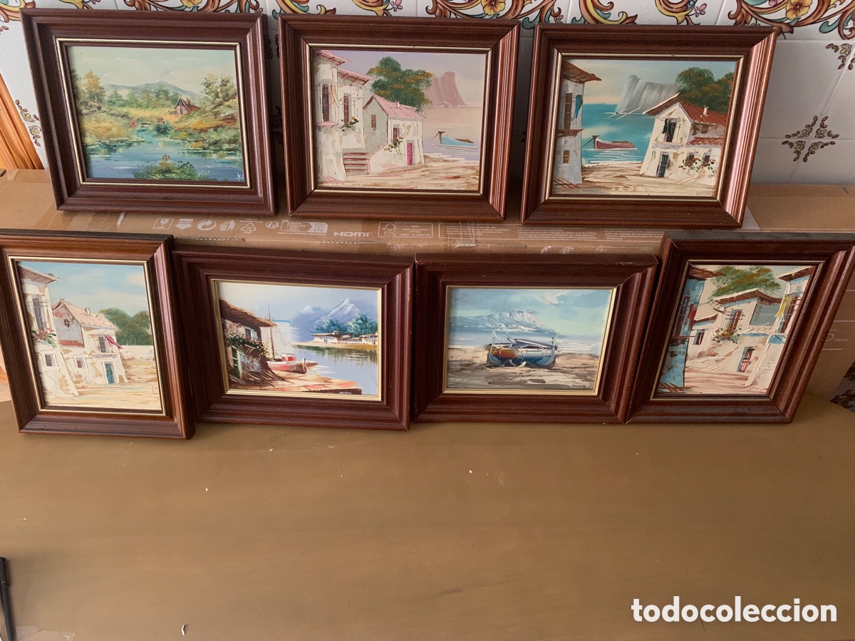 Arte: Lote de 7 &oacute;leos originales sobre tabla, paisajes y marinas, con marco de madera