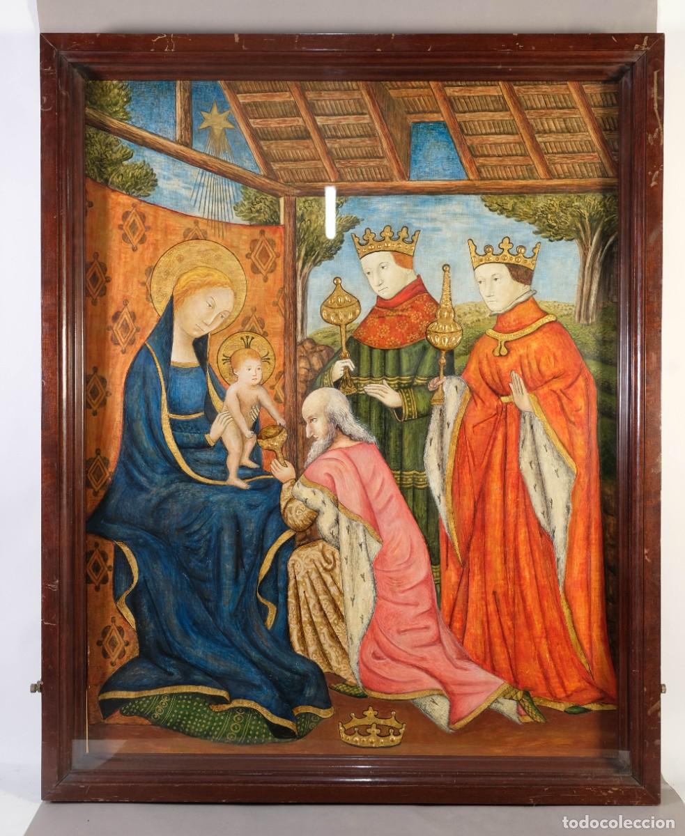 Arte: Temple sobre madera Visitaci&oacute;n de los Reyes principios siglo XX estilo rom&aacute;nico