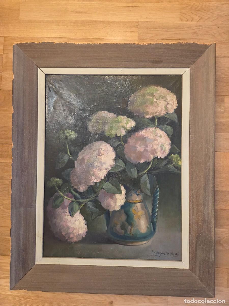 Arte: &Oacute;leo Bodeg&oacute;n de Hortensias en jarr&oacute;n cer&aacute;mico. Autor P&iacute;o Augusto Verd&uacute;. (1914-1989).