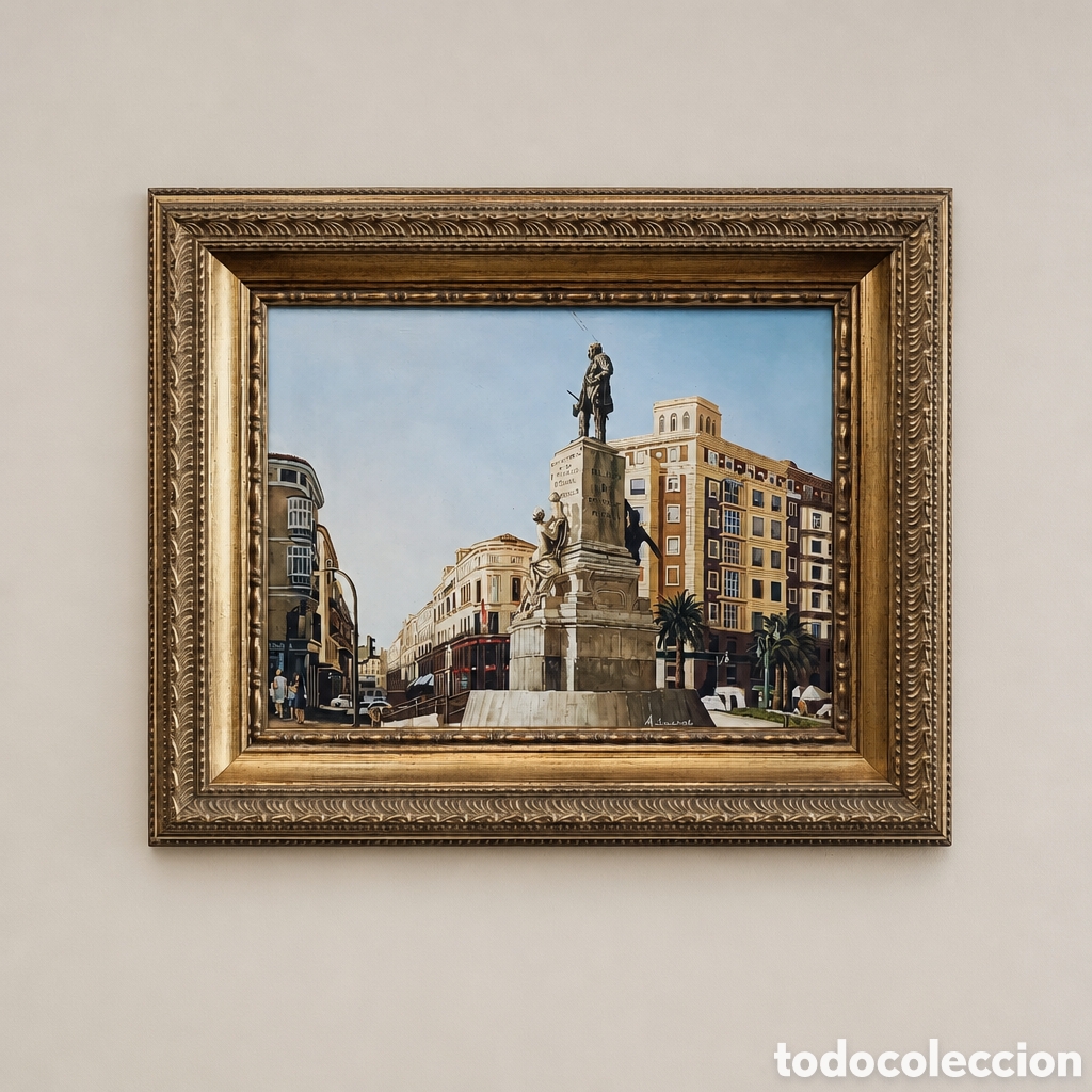 Arte: OLEO SOBRE TABLA . VISTA DE MALAGA . MONUMENTO AL MARQUES DE LARIOS . PLAZA DE LA MARINA.